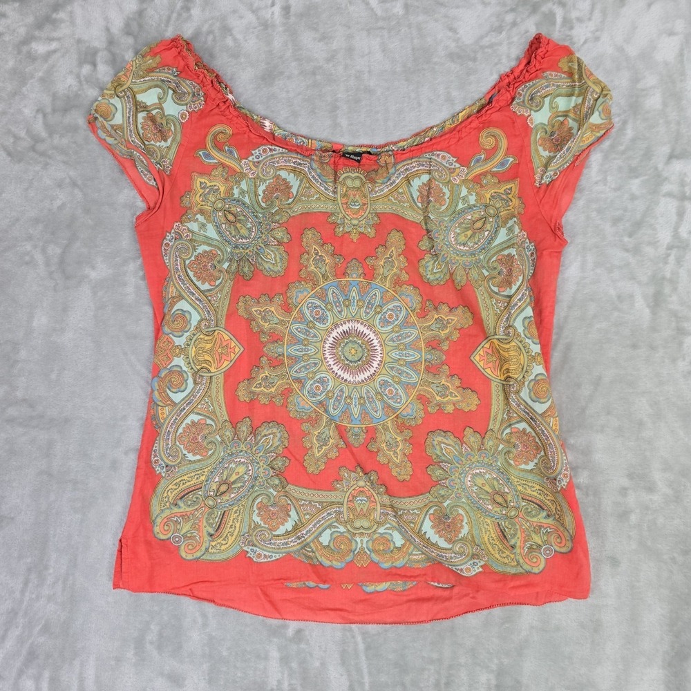 Lucky Brand Handkerchief Mandala Blouse M Rust Red Cap Sleeve Y2K Boho